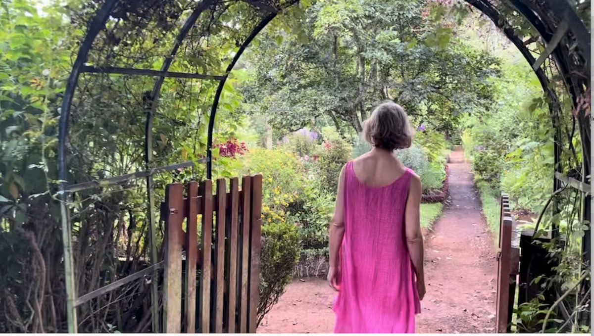 An arched garden gate opening onto a sunlit path